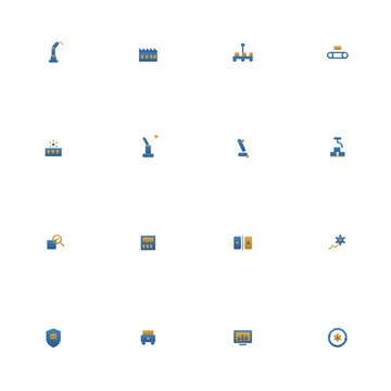 Industry 4.0 icon set - 16 blue and amber duotone vector icons. Collaborative robot, smart factory, assembly line, conveyor, industrial robot, quality inspection and more symmetric flat automation.