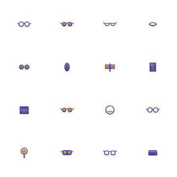 Eyewear icon set - 16 indigo and amber duotone vector icons. Eyeglasses, sunglasses, reading glasses, contact lens, phoropter, prescription, magnifier and more symmetric flat optical icons, isolated.
