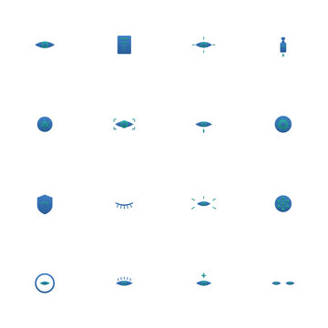 Eye care icon set - 16 blue and teal duotone vector icons. Eye, vision test chart, eye exam, eye drops, retina, iris scan, eye protection and more symmetric flat optometry icons, isolated.