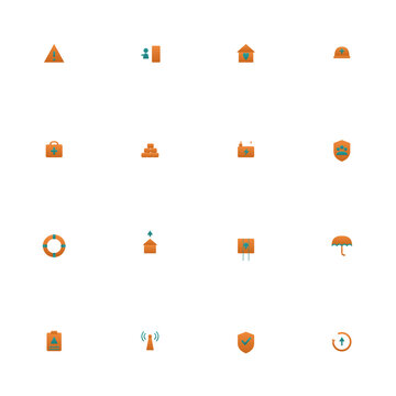 Disaster resilience icon set - 16 orange and teal duotone vector icons. Emergency alert, evacuation, shelter, first responder, emergency kit, backup generator and more symmetric flat preparedness.