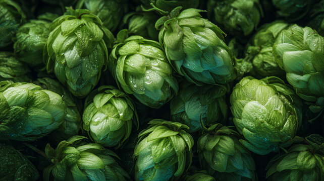 Close-up of fresh green hop cones with water droplets for brewing beer and craft ale