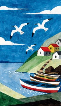 Naive art painting of coastal village with fishing boats and seagulls