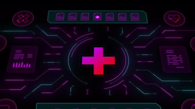Clean AI health interface with glowing circuit pathways connecting to a central medical cross symbol.
