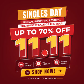 Singles Day 11 11 3D Text Typography Sale Banner Template with Red Ribbon
