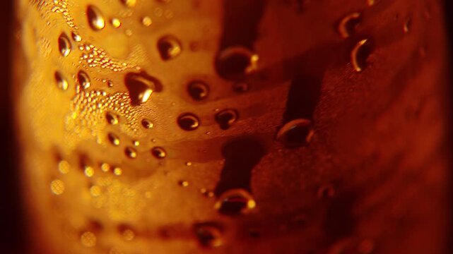 Macro Close Up View of Water Droplets Condensation on Clear Bottle Surface in Warm Orange Light