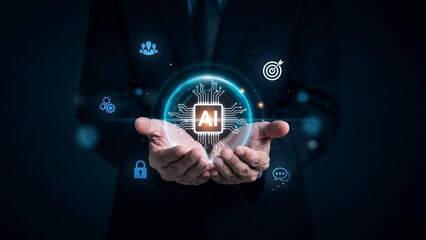 Fototapeta premium Businessman holding virtual AI and digital technology interface