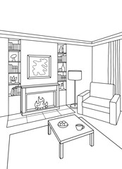 Obraz premium Living room graphic black white interior sketch vertical illustration vector 