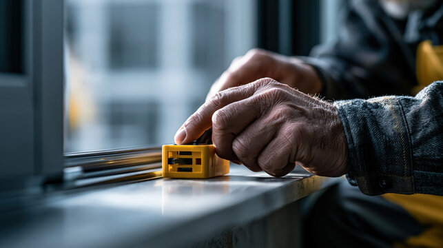 Worker hand tool window frame installation construction measurement precision metal professional detail closeup worker hand tool holding yellow measuring device window frame during installation