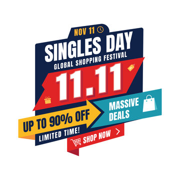 Singles Day 11 11 Global Shopping Festival Badge Design with Arrow Ribbons