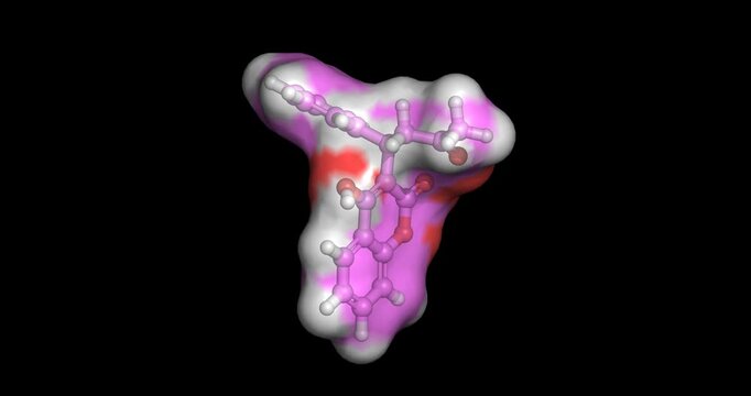 Warfarin, vitamin K antagonist anticoagulant for thrombosis prevention, 3D molecule 4K