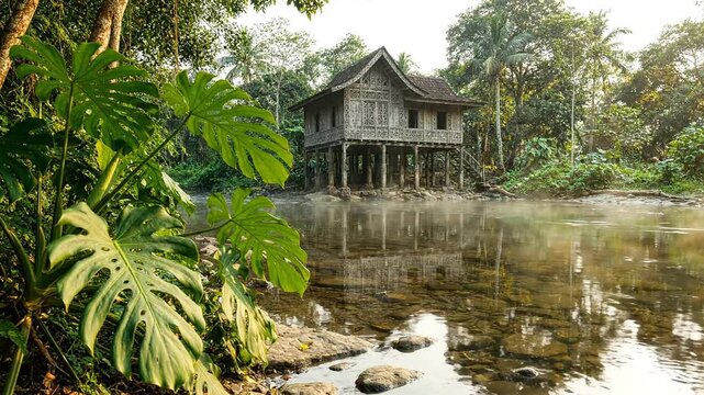 Traditional Wooden Stilt House In A Lush Tropical Rainforest Setting By A Calm River With Monstera Leaves In The Foreground