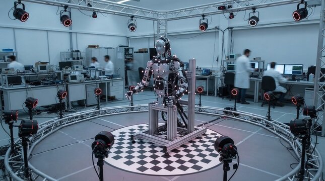 Humanoid robot torso on calibration platform with infrared cameras, marker spheres, and checkerboard floor for motion capture