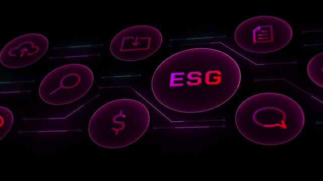 Detailed close up shot of glowing magenta ESG logo connected to data search, cloud, and money icons.