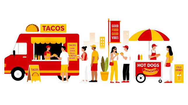 Food truck and hot dog cart serving customers in a vibrant street food market with colorful umbrellas and signage