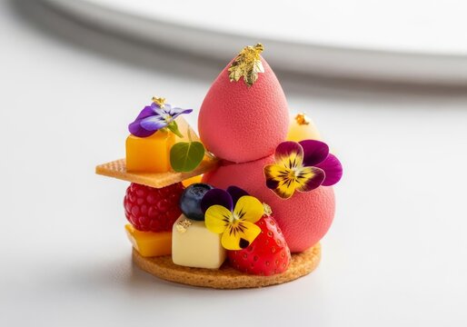 Cheerful expression and a warm smile enhance the presentation of a delicately crafted dessert, reflecting high-level culinary artistry, gourmet, bakery, art
