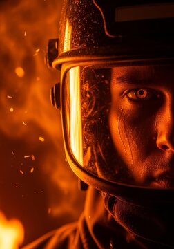 Close up of a brave face in protective gear, featuring a determined look surrounded by glowing embers, thick smoke, and intense orange fire, wildfire, grit, realistic