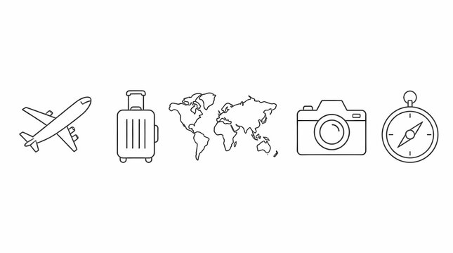 Travel icons set featuring airplane luggage world map camera compass minimalist line art design for tourism and adventure concepts