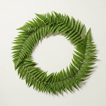 fresh green fern wreath with fiddleheads on a light grey background