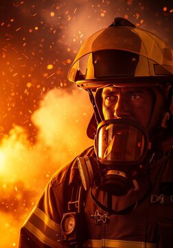 Intense portrait featuring specialized safety equipment and a focused gaze against a backdrop of thick smoke and embers from a forest fire, expression, outdoor, heat
