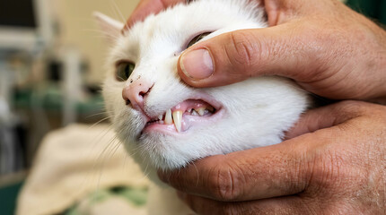 Naklejka premium Close-up of hand lifting a cat's upper lip, revealing teeth mouth
