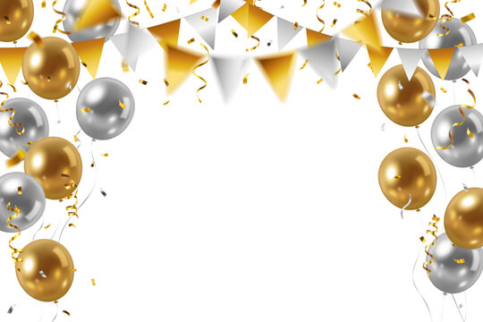 Vector decorative frame or border with metallic gold, white and black party balloons, decorative garland, falling confetti and streamers with space in the middle