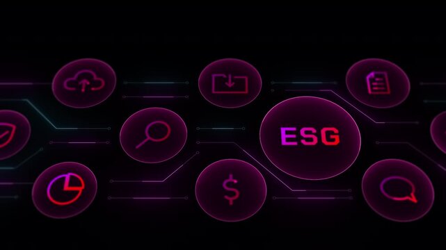 Close up view of a glowing magenta ESG logo surrounded by financial growth and cloud security icons.