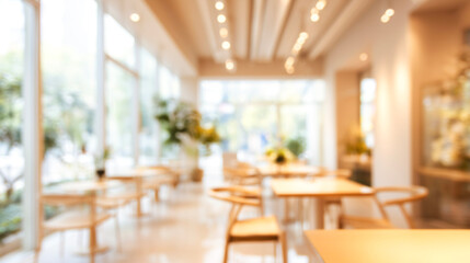 Naklejka na ściany i meble カフェとテーブルが美しくぼやけたナチュラルな明るい店内