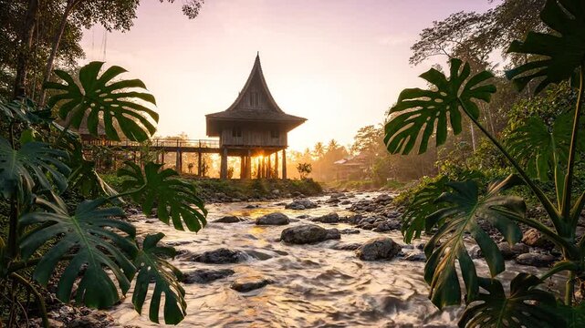Traditional Wooden Stilt House In A Lush Tropical River Landscape At Sunrise With Monstera Leaves In The Foreground