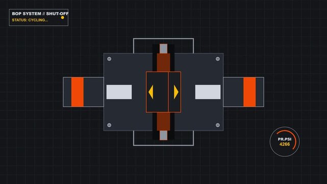 Flat vector animation of an industrial blowout preventer system shut-off cycling process on a technical monitoring interface