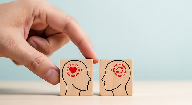 Hand connecting wooden blocks with human heads. Empathy and emotional intelligence concept.