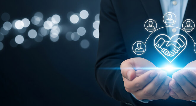 Businessman holding digital handshake icon. Corporate partnership and customer care concept.