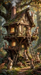 Fototapeta premium Whimsical woodland creatures build cozy treehouse sanctuary. Rabbits work together constructing rustic dwelling within ancient tree. Autumn forest scene with warm lighting creates magical atmosphere.