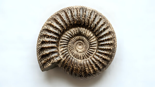 Macro studio shot of a fossilized ammonite shell showing intricate spiral pattern on white background with ammonite prehistoric paleontology creature evolution textured