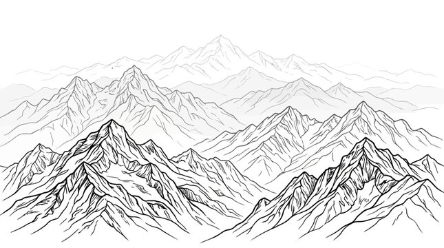 Panoramic Mountain Range Illustration, Majestic Peaks, Clean Line Art, Minimalist Landscape