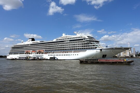 The Viking Sky, an ocean cruise ship, has docked at the Greenwich Ship Tier, a floating pontoon facility on the River Thames in London