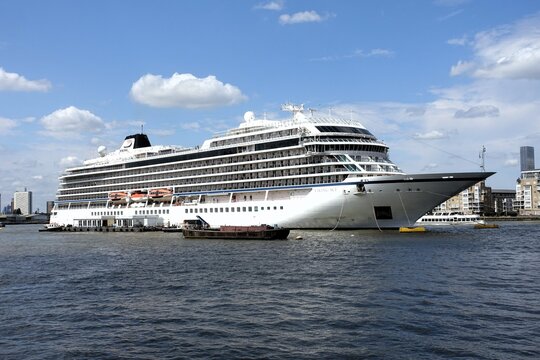 The Viking Sky, an ocean cruise ship, has docked at the Greenwich Ship Tier, a floating pontoon facility on the River Thames in London