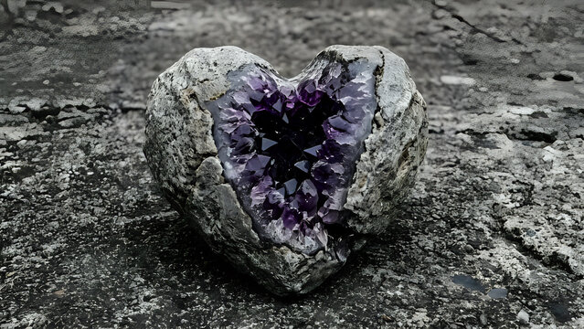 Amethyst geode heart shape on textured grey concrete background with semi precious amethyst gemstone concrete spirituality aesthetic metaphysical collection formation