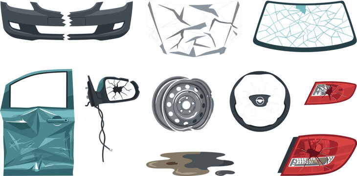 Damaged Car Parts and Auto Scrapyard Salvage Illustration Asset Set Featuring Fractured Bumpers, Shattered Windshields, Dent Doors, and Smashed Tail Lights