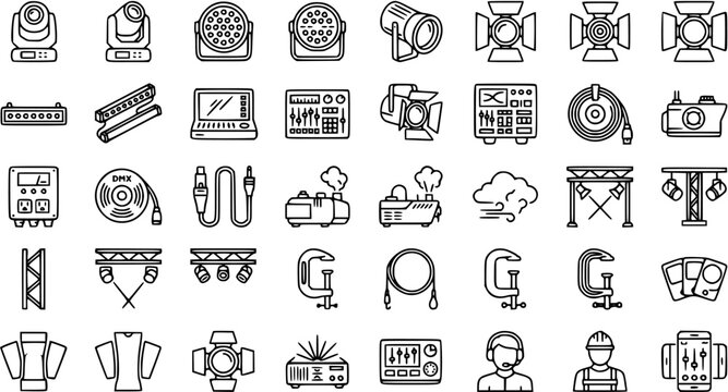 Live Event Production Line Art Icons Set: Stage Technology Equipment, Lighting, Audio, DMX Controllers, Truss, Fog Machines  Crew Outline Vector