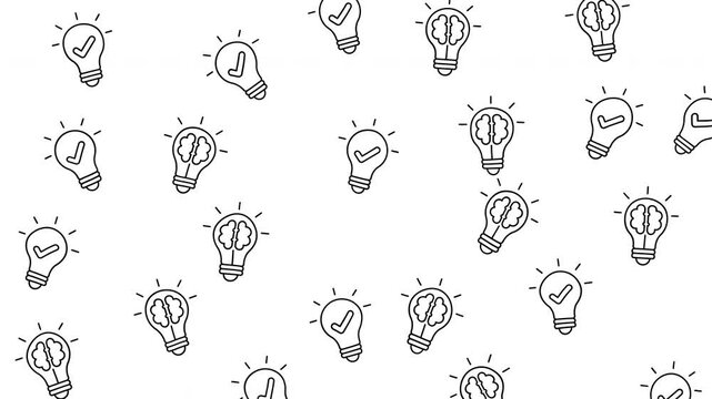 Seamless pattern of light bulb icons with brain and checkmark symbols for creative idea concepts