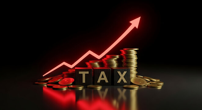 Rising tax rates concept. Financial growth chart with gold coins and tax blocks.