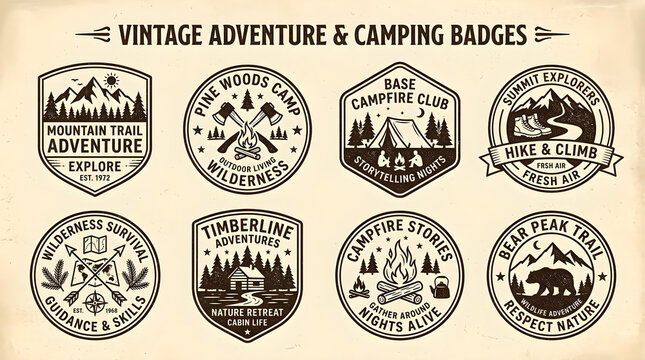 Retro adventure and camping badges with mountain, forest, and campfire illustrations.
