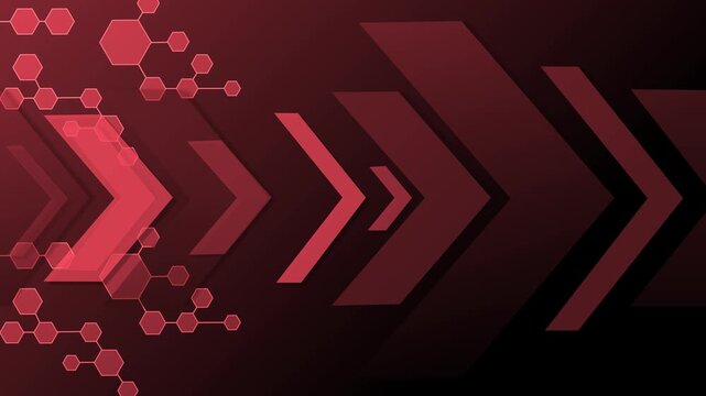 Abstract chevron arrows pointing right with hexagonal network pattern on dark gradient background animation