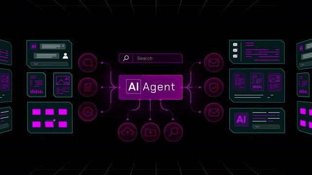 Balanced AI Agent controller interface visualizing connected cloud storage, security, and message icons.