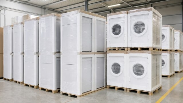 Laundry machines stored in a warehouse with pallets in a commercial space