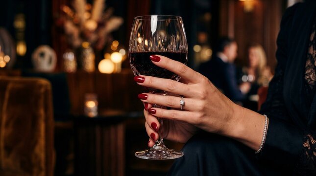 Sophisticated Woman Holding A Glass Of Red Wine With Stunning Jewelry At Upscale Venue
