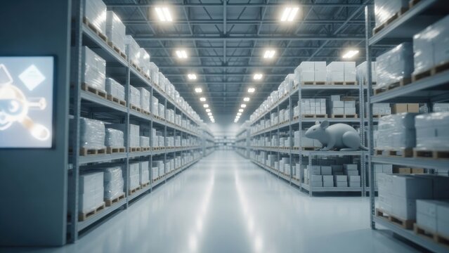 3D Rat Standing on Warehouse Storage Shelf with Boxes