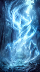 Fototapeta premium Spectral figures ascending stone staircase in mystical forest. Ethereal blue light and swirling energy spirits in dark woodland setting.