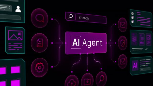 Sliding perspective view of an AI Agent control board showing scrolling data nodes and search bars.