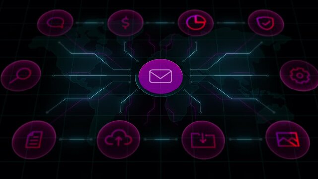 Centered email envelope icon on a global network map surrounded by connected cloud and security icons.